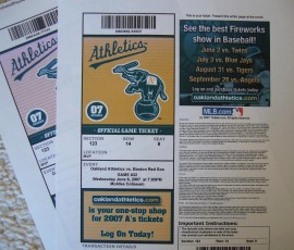オークランドA's対レッドソックスのチケット(パソコンのプリントアウトです)
